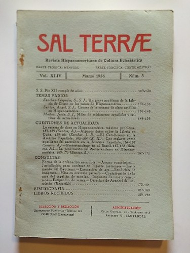 Portada del libro de SAL TERRAE. Revista Hispanoamericana de Cultura Eclesiástica. Vol. XLIV, Núm. 3, 1956. 