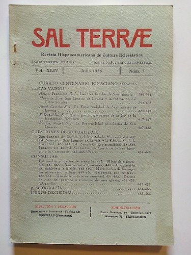 Portada del libro de SAL TERRAE. Revista Hispanoamericana de Cultura Eclesiástica. Vol. XLIV, Núm. 7, 1956. 