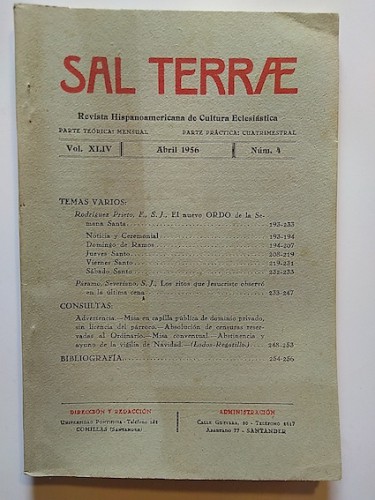 Portada del libro de SAL TERRAE. Revista Hispanoamericana de Cultura Eclesiástica. Vol. XLIV, Núm. 4, 1956.