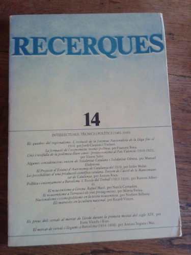 Portada del libro de RECERQUES 14. Intel·lectuals, tècnics i polítics (1901-1936)