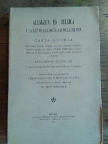 Portada del libro de ALEMANIA EN BÉLGICA A LA LUZ DE LAS DOCTRINAS DE LA IGLESIA. Carta abierta del señor Emilio Prüm, jefe...