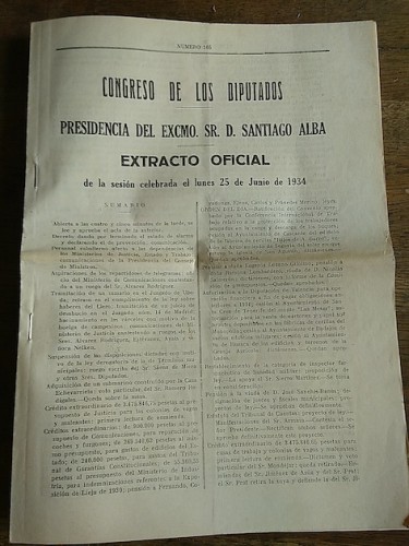 Portada del libro de EXTRACTO OFICIAL. CONGRESO DE LOS DIPUTADOS. PRESIDENCIA DEL EXCMO. SR. D. SANTIAGO ALBA. Sesión lunes...