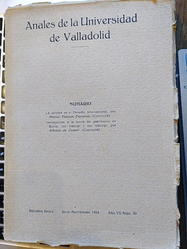 Portada del libro de ANALES DE LA UNIVERSIDAD DE VALLADOLID. Julio-Septiembre 1934. Año VII. Nº 20. 2ª época.