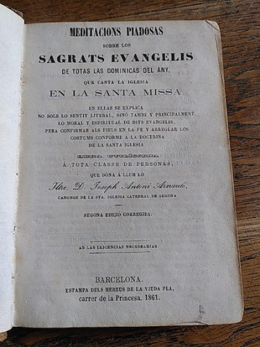 Portada del libro de MEDITACIONS PIADOSES SOBRE ELS SAGRATS EVANGELIS DE TOTAS LAS DOMINICAS DE L'ANY