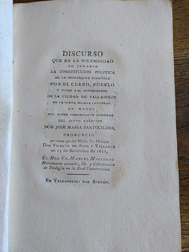 Portada del libro de DISCURSO QUE EN LA SOLEMNIDAD DE JURARSE LA CONSTITUCIÓN POLÍTICA DE LA MONARQUÍA ESPAÑOLA POR EL CLERO,...