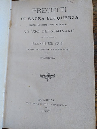 Portada del libro de PRECETTI DI SACRA ELOQUENZA SECONDO LE ULTIME NORME DELLA CHIESA AD USO DEI SEMINARII