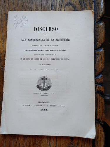 Portada del libro de DISCURSO SOBRE LAS ESCELENCIAS DE LA SABIDURÍA HERMANADA CON LA RELIGIÓN, 