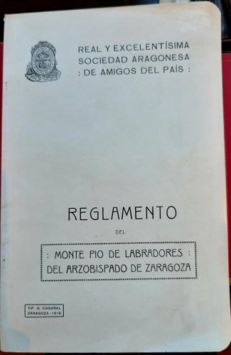 Portada del libro REGLAMENTO DEL MONTE PIO DE LABRADORES DEL ARZOBISPADO DE ZARAGOZA