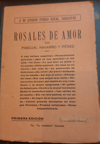 Portada del libro de ROSALES DE AMOR-  A mi querido pueblo natal Jabaloyas