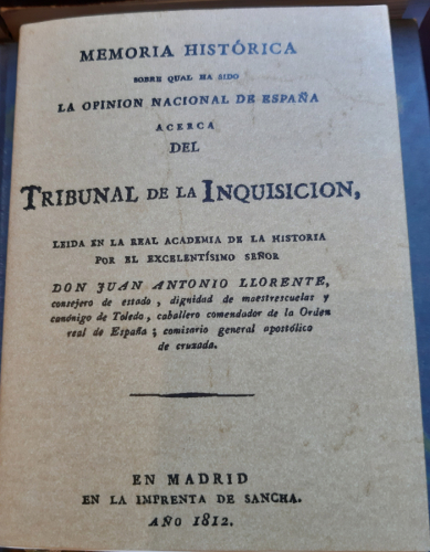 Portada del libro de MEMORIA HISTÓRICA SOBRE CUAL HA SIDO LA OPINIÓN NACIONAL DE ESPAÑA ACERCA DEL TRIBUNAL INQUISICIÓN....