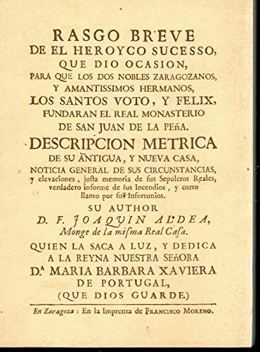 Portada del libro de RASGO BREVE DE EL HEROYCO SUCESSO, QUE DIO OCASION PARA QUE LOS DOS NOBLES ZARAGOZANOS Y AMANTISSIMOS...