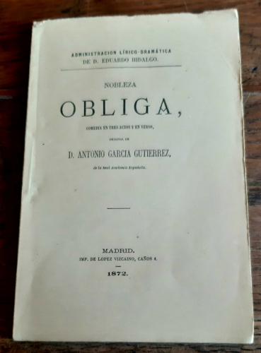 Portada del libro de NOBLEZA OBLIGA. Comedia en tres actos y en verso