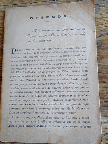 Portada del libro de OFRENDA A LA MEMORIA DEL PROTOMÁRTIR DE ESPAÑA D. JOSÉ CALVO SOTELO, ASESINADO POR LA REPÚBLICA