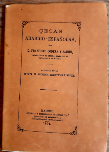 Portada del libro de ÇECAS ARÁBIGO-ESPAÑOLAS. Facsímil del de 1874, 