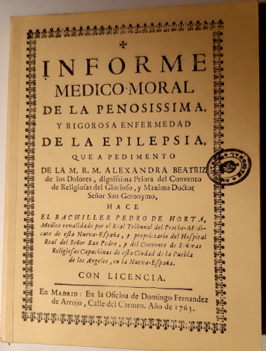 Portada del libro Informe médico moral de la penosissima y rigorosa enfermedad de la epilepsia. Facsímil de la de 1763