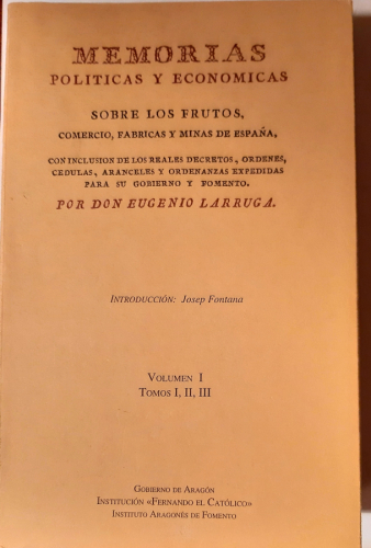 Portada del libro de Memorias Políticas y Económicas sobre los frutos, comercio, fábricas y minas de España. Con inclusión...