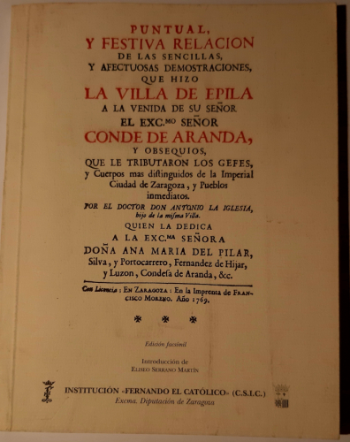 Portada del libro de PUNTUAL Y FESTIVA RELACION DE LAS SENCILLAS Y AFECTUOSAS DEMOSTRACIONES QUE HIZO LA VILLA DE EPILA,...