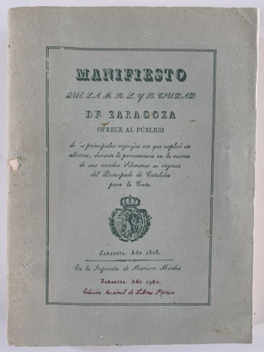Portada del libro de MANIFIESTO QUE LA M.N.L. Y H. CIUDAD DE ZARAGOZA OFRECE AL PUBLICO DE LOS PRINCIPALES REGOCIJOS CON...