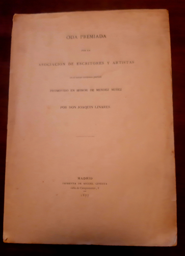 Portada del libro de ODA PREMIADA POR LA ASOCIACIÓN DE ESCRITORES Y ARTISTAS EN EL TERCER CERTAMEN POÉTICO PROMOVIDO EN HONOR...