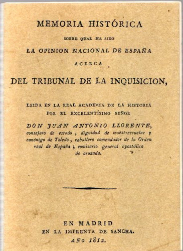 Portada del libro de Memoria histórica sobre qual ha sido la opinion nacional de España acerca del Tribunal de la Inquisición...