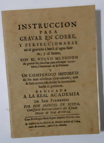 Portada del libro de INSTRUCCION PARA GRAVAR EN COBRE Y PERFECCIONARSE. Facsímil del de 1761