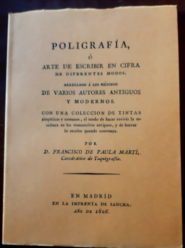 Portada del libro de POLIGRAFÍA O ARTE DE ESCRIBIR EN CIFRA DE DIFERENTES MODOS. Arreglado a los métodos de varios autores...