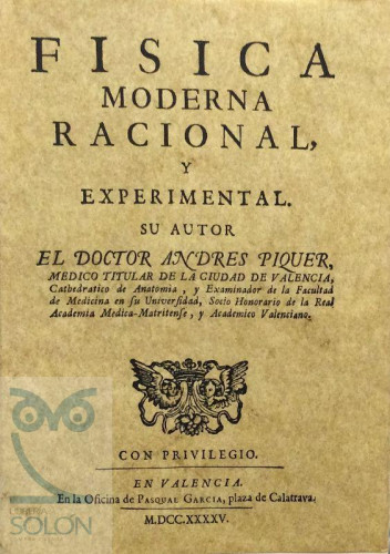 Portada del libro de Física moderna racional y experimental. Facsímil de la de 1745