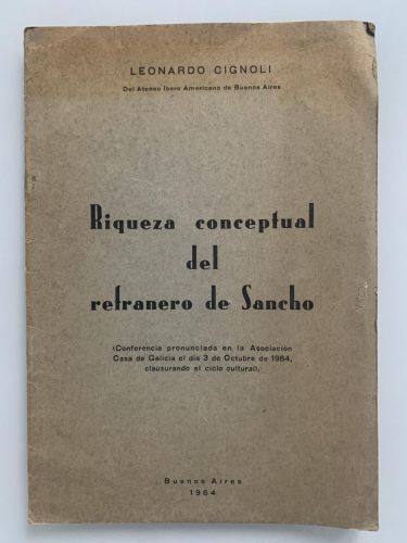 Portada del libro de RIQUEZA CONCEPTUAL DEL REFRANERO DE SANCHO (dedicado autor)