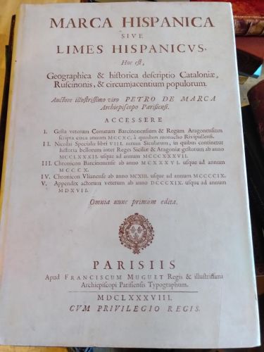 Portada del libro de MARCA HISPANICA SIVE LIMES HISPANICUS, HOC ELF, GEOGRAPHICA & HISTORICA DESCRIPTIO CATALONIAE, RUSCINONIS,...