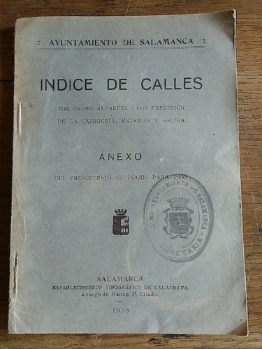 Portada del libro de ÍNDICE DE CALLES POR ORDEN ALFABÉTICO DE EXPRESIÓN DE LA CATEGORÍA, ENTRADA Y SALIDA. ANEXO DEL PRESUPUESTO...