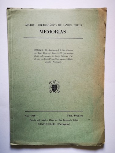 Portada del libro de ARCHIVO BIBLIOGRÁFICO DE SANTES CREUS - MEMORIAS. Fasc.: Primero. Año 1949